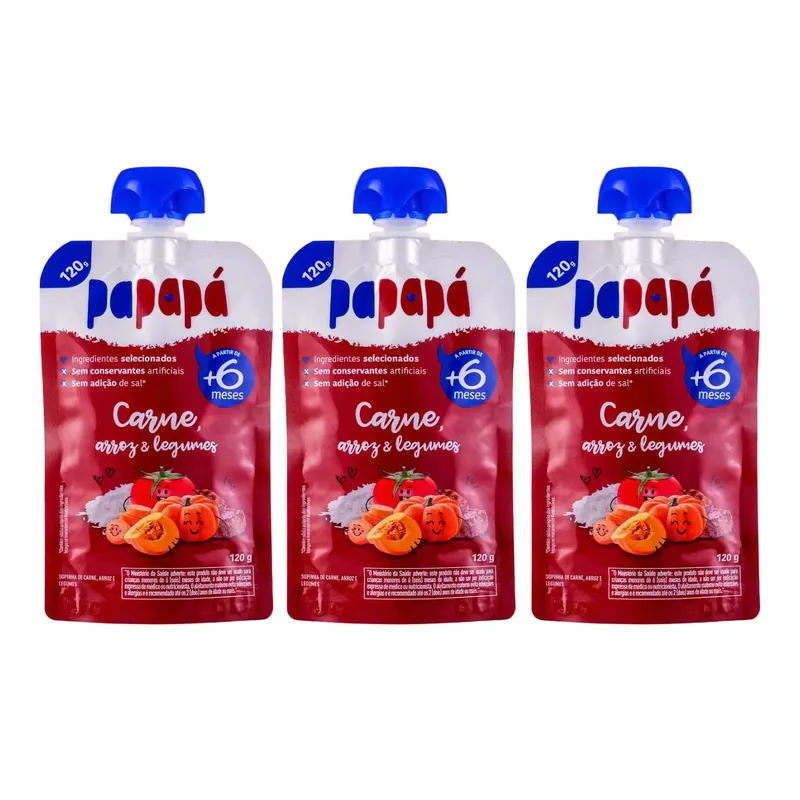 Kit Papinha Infantil Natural Carne e Legumes Papapá - 3 Unidades 120g