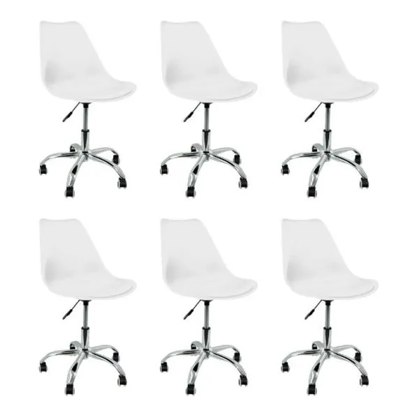 Kit 6 Cadeira Leda Giratória com Almofada e Rodízios Branco