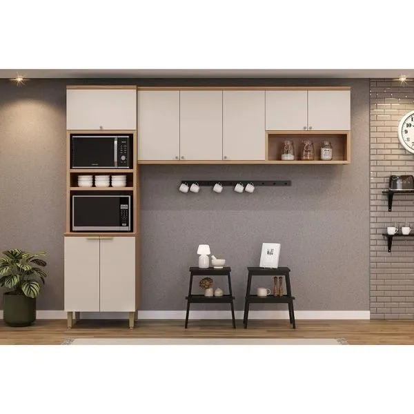 Cozinha Completa Selene Kit 3 Peças 100% MDF 120cm Off White Jequitiba com Portas e Prateleiras Linea Brasil Cozinha Completa Selene 3 Peças (2aéreos+1torrequente) Cp13 Jequitiba-off White Fosco - Linea Brasil