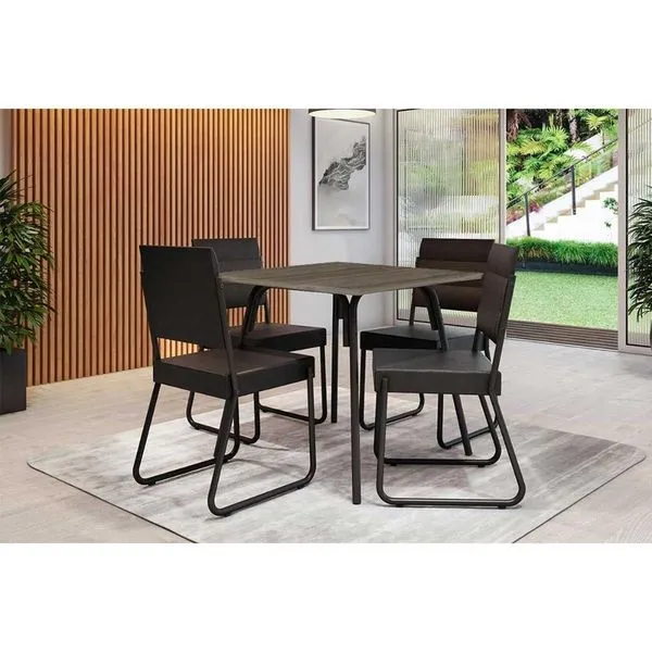 Sala Jantar Mesa 1569 Aço 90cm + 4 Cadeiras 1736 Preto/Legno - Preto - Carraro