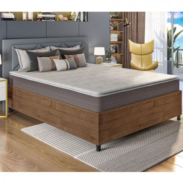 Cama Box Queen Size Barreto Lonçarcci Inova com Colchão Umaflex Berlim com Pillow Top e Molas Ensacadas Branco com Marrom