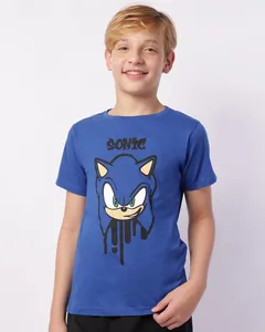 Camiseta Juvenil Algodão Sonic Manga Curta Azul 16