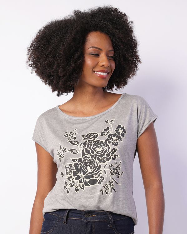 Blusa Feminina Viscose Manga Curta Estampa Frontal Cinza GG