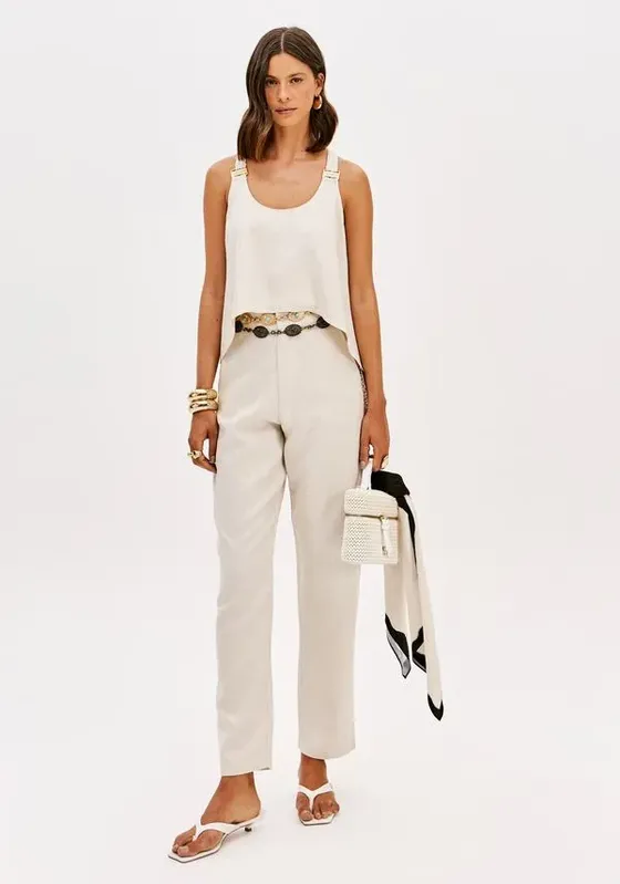 Calça Baggy Cintura Alta Com Linho Branco M