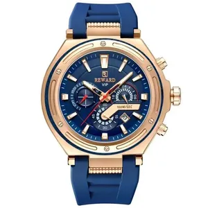 Relógio Masculino Design Robusto Esportivo De Quartzo 3bar à Prova D´agua Azul Dourado