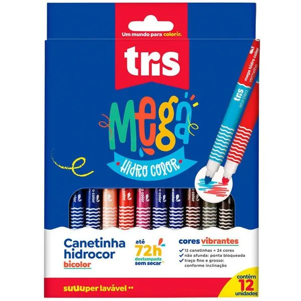 Caneta Hidrocor Tris Ponta Dupla Mega Hidro Color 12 Cores 683744