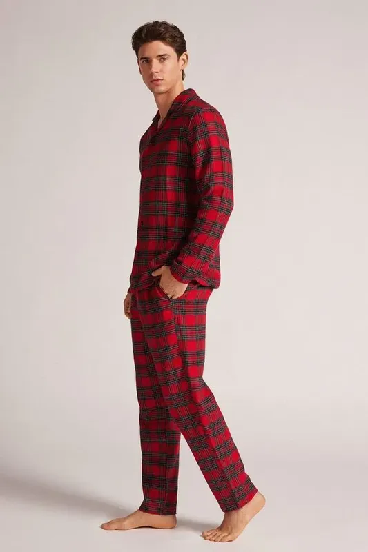 Pijama Comprido Xadrez Em Algodão - Vermelho EG