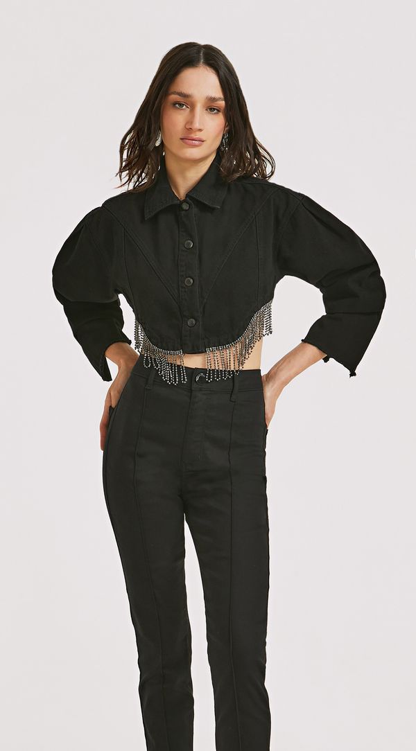 Jaqueta Morena Rosa Cropped Detalhe Franjas Preto M
