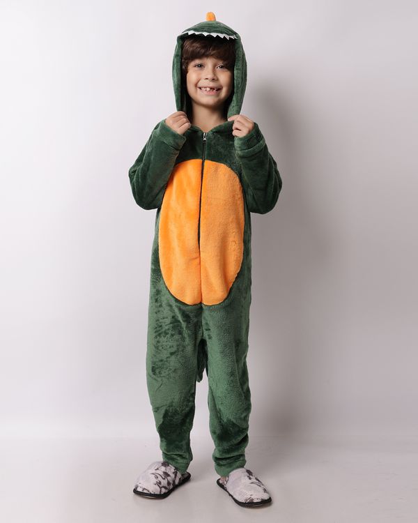 Pijama Macacão Infantil Fantasia Interativo Dinossauro Verde 4