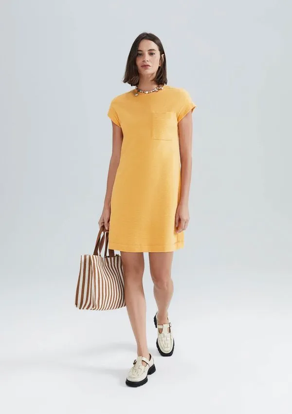 Vestido Básico Curto Texturizado Com Bolso - Laranja XXG