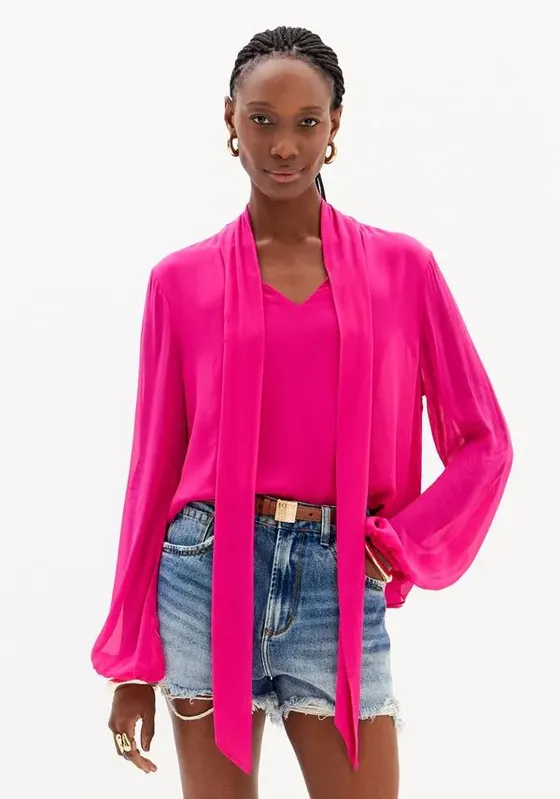 Blusa De Manga Longa Com Amarração Rosa PP