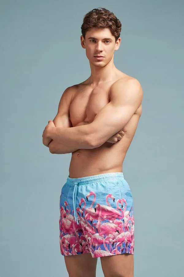 Bermuda De Banho Com Estampa De Flamingos - Azul EG