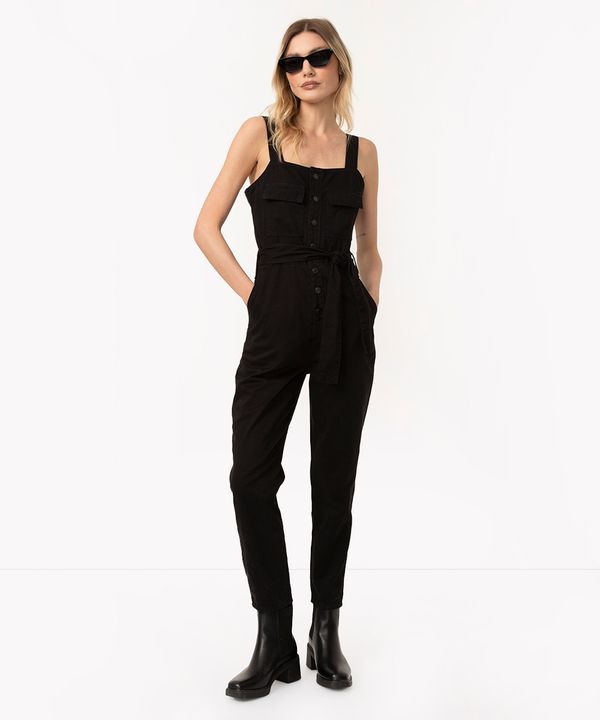 macação jeans utilitário longo preto M