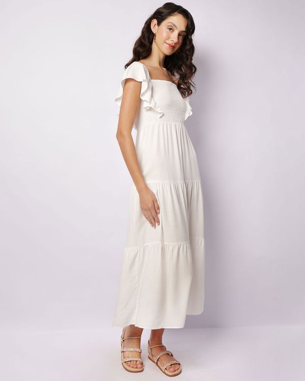 Vestido Feminino Midi Manga Curta Babado Com Lastex Off White GG