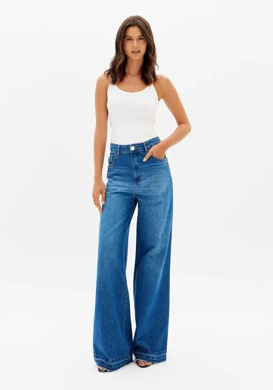 Calça Jeans Wide Leg Com Cintura Alta Azul 32