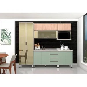 Armário de Cozinha Compacta Luci 10 Portas 4 Gavetas MDP 120cm Creme Verde Jade e Cumaru Armário De Cozinha 6 Peças Sem Tampo Crema Com Verde