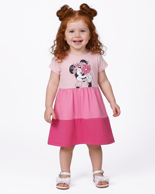 Vestido Bebê Curto Algodão Três Marias Disney Minnie Manga Curta Rosa 2
