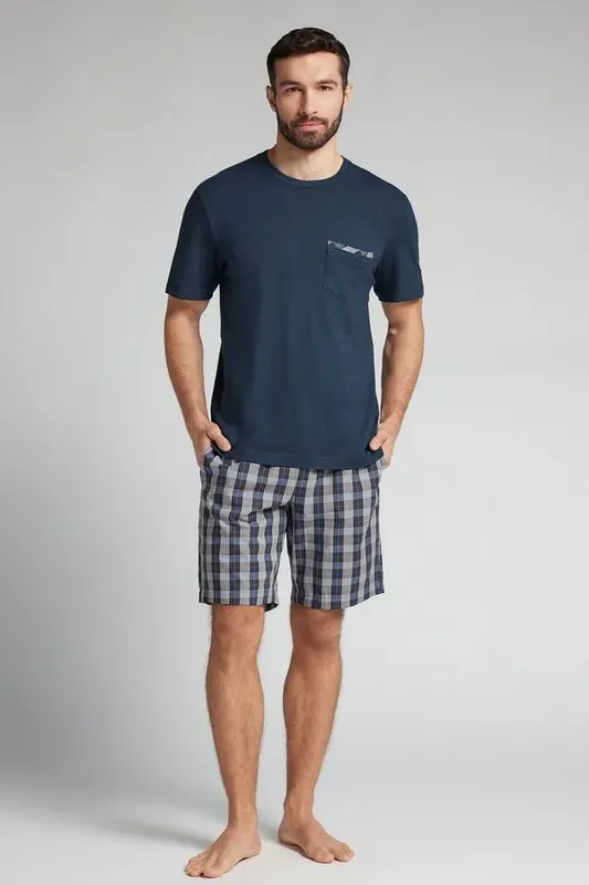 Pijama Curto Xadrez Em Algodão - Azul G