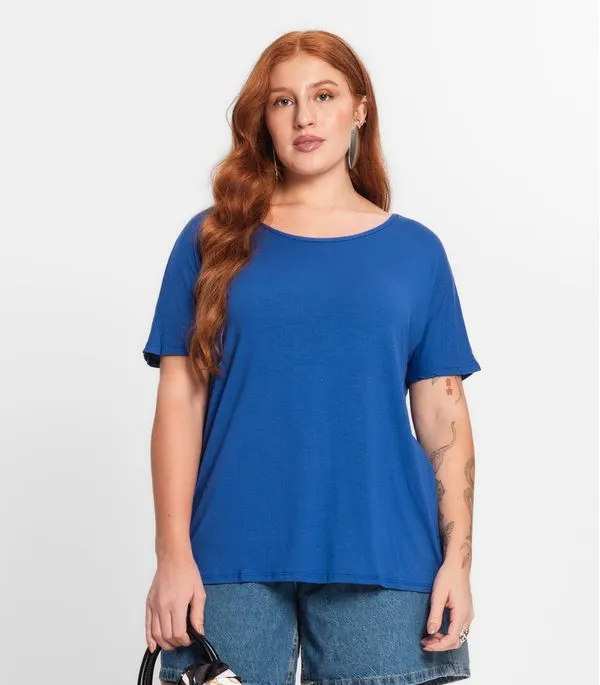Blusa Manga Curta Feminina Plus Size Secret Glam Azul Plus G4