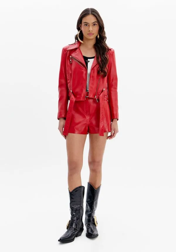 Short De Couro Hot Pants Cintura Média Vermelho GG