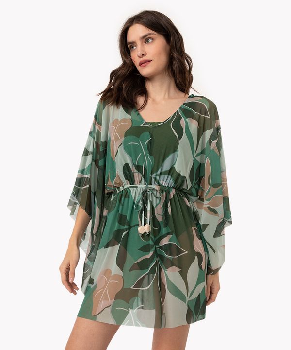 saída de praia kaftan em tule folhagens verde P