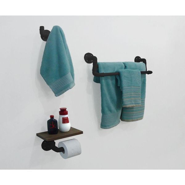 Kit Acessórios Para Banheiro Conjunto 3 Peças Porta Toalhas Papel Cabideiro Preto Laca