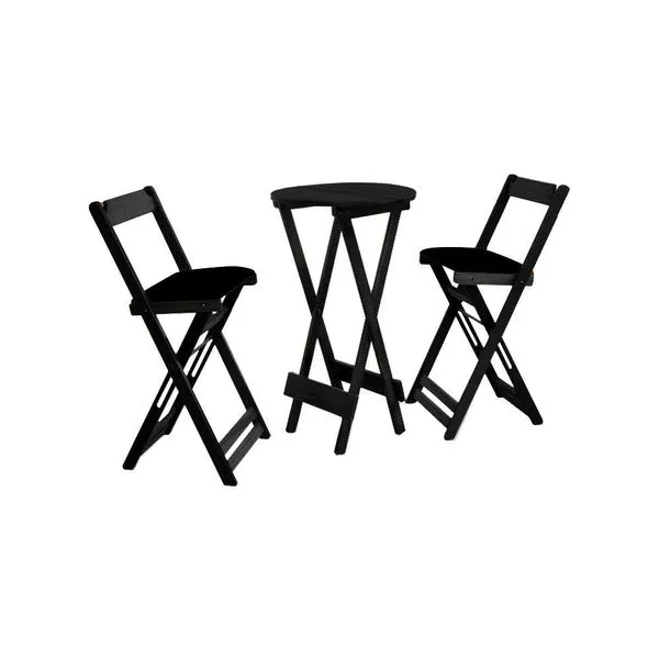 Conjunto Bistro De Madeira Dobravel Redondo 55cm Diametro Com 2 Cadeiras Preto Preto - Preto