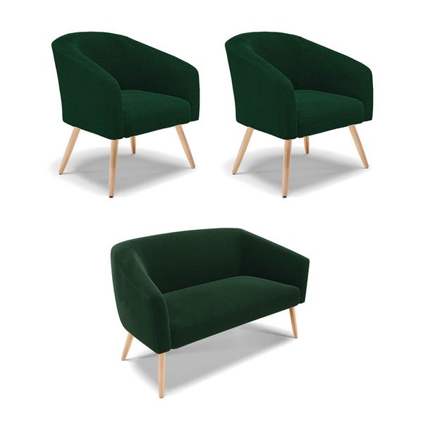 Namoradeira e 2 Poltronas Pé Palito Natural Stella Bouclê Verde D03 - D'Rossi