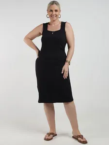Vestido Cotton Canelado Midi Plus Size Feminino PRETO M
