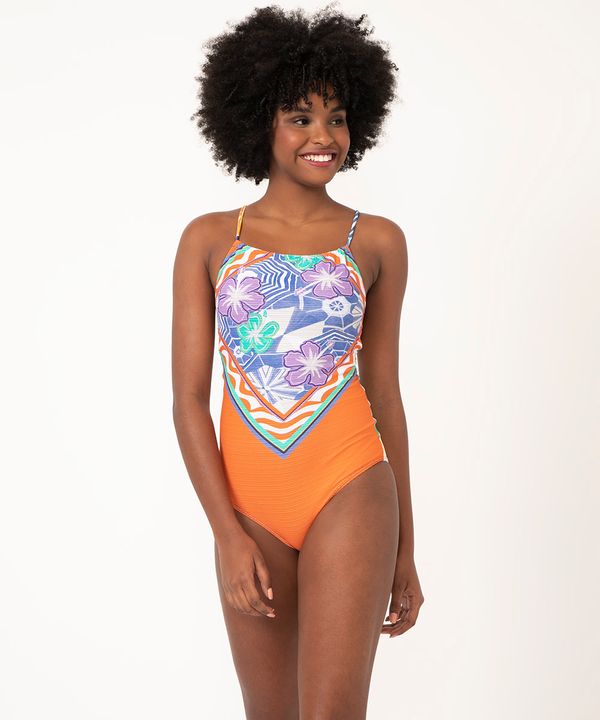 maiô decote halter floral com proteção uv50 laranja G