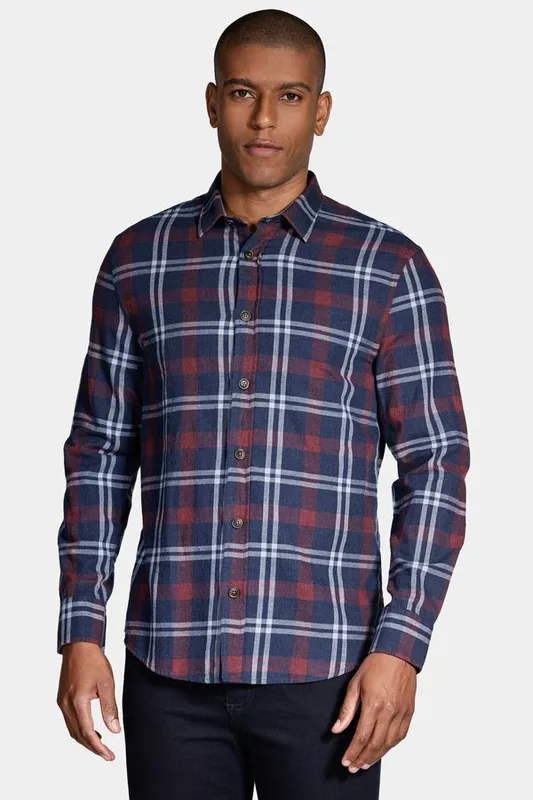 Camisa Manga Longa Slim Flanela Mescla Xadrez Marinho Com Vermelho - M