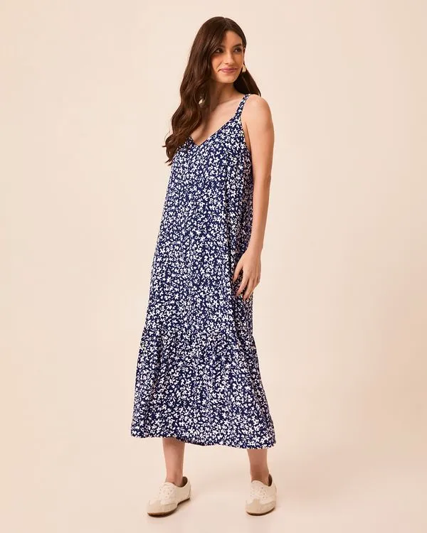 Vestido Midi Feminino Amplo Estampa Floral Decote V Em Viscose Azul - M