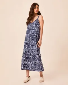 Vestido Midi Feminino Amplo Estampa Floral Decote V Em Viscose Azul - M