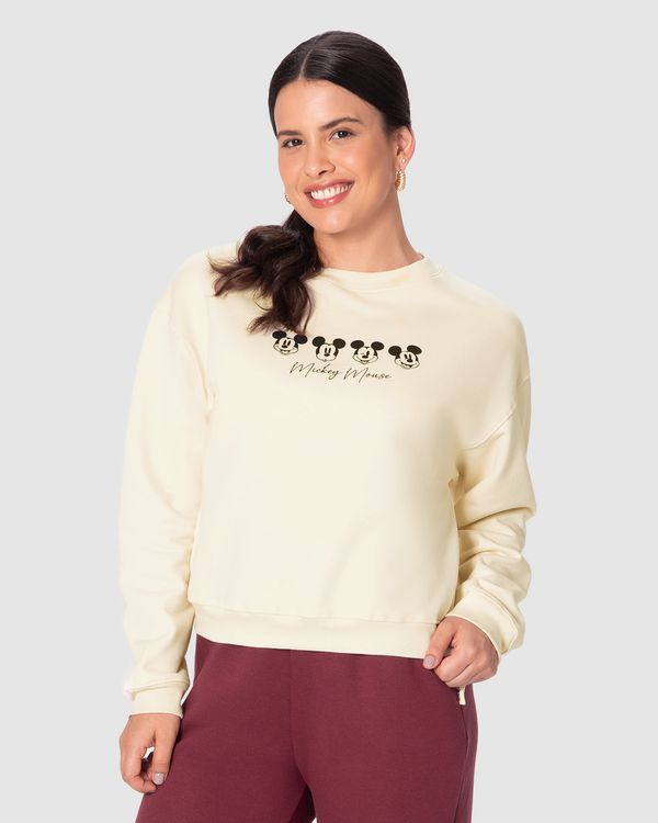 Blusão Amplo Feminino Estampa Frontal Mickey Mouse Em Moletom Flanelado Off White - GG