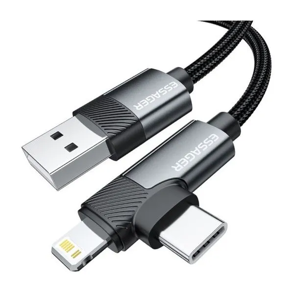 Cabo Essager USB-A para USB-C/Lightning 3A 2M Cinza