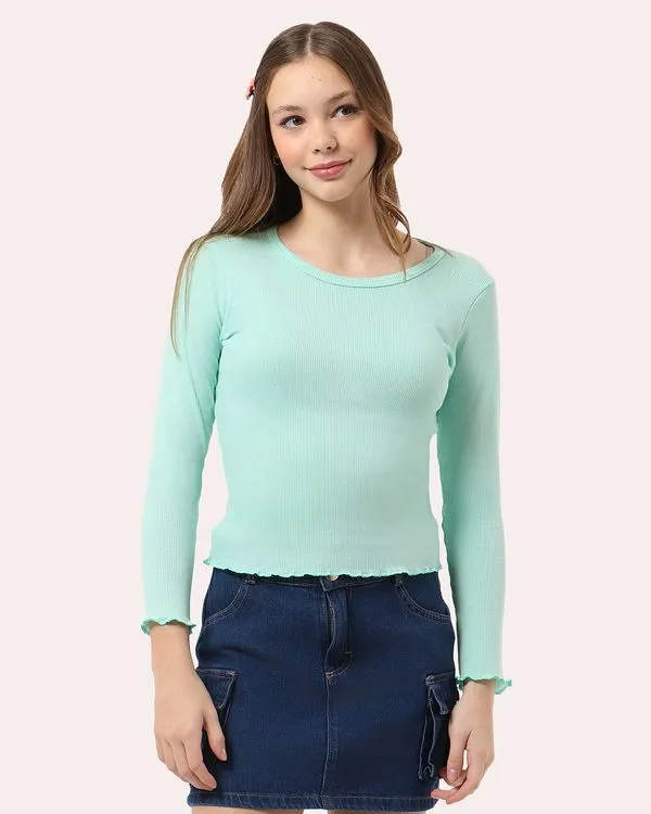 Blusa Juvenil Canelada Frufru Manga Longa Verde 14