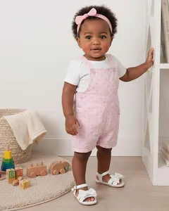 Macaquinho Bebê Sarja com Bolso Corações Glitter Rosa G