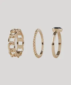 Kit de 3 Anéis Femininos com Pedra Zircônia Dourado M