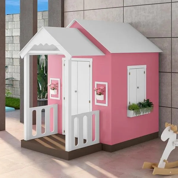 Casinha de Brinquedo L12 em MDF com Varanda Artesanal Branco Rosa Criança Feliz Casinha de Brinquedo L12 em MDF com Varanda Artesanal Branco Rosa