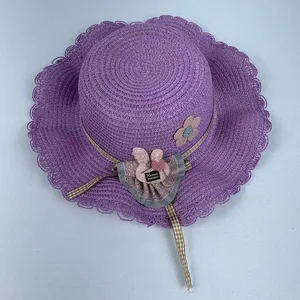Chapéu De Palha Sintética Infantil Moda Praia Com Coelhinho Com Elástico lilas