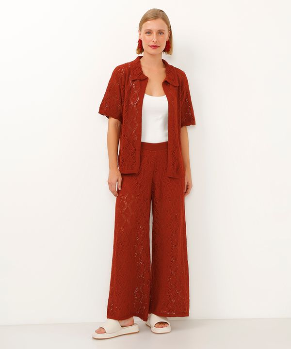 calça wide leg de tricot cintura alta terracota P