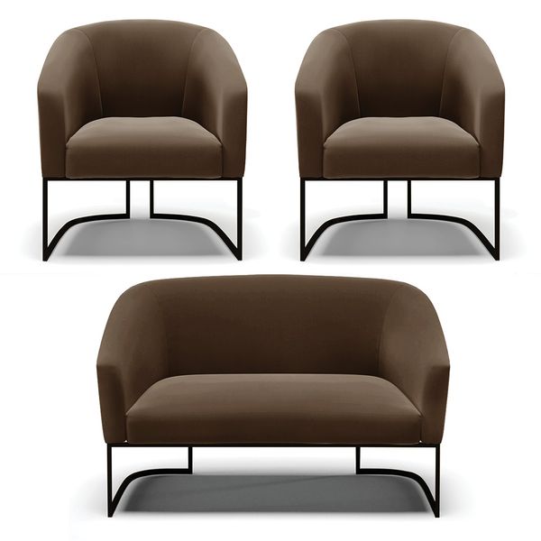 Namoradeira e 2 Poltronas Industrial Preto Stella Suede Marrom D03 - D'Rossi