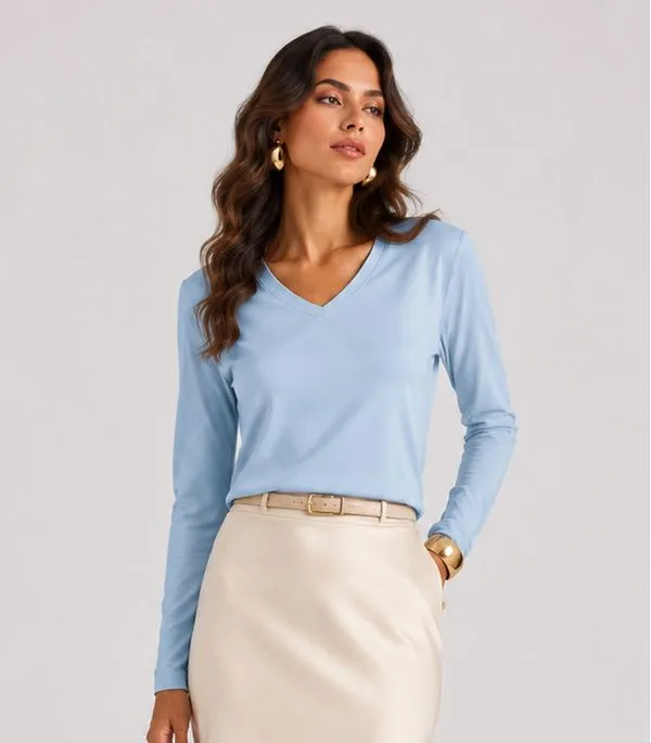 Blusa Feminina Manga Longa Decote V Infinita Cor Azul M
