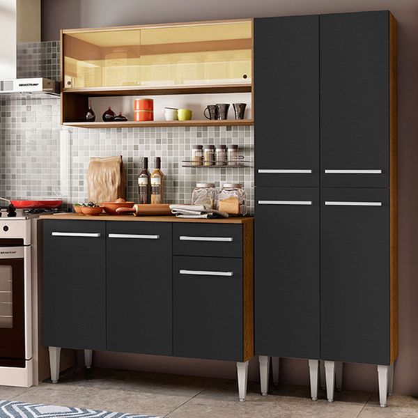 Armário de Cozinha Compacta 169cm Rustic/Preto Emilly Winter Madesa 08 Cor:Rustic/Preto