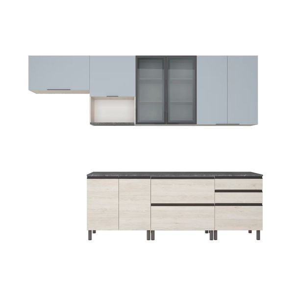 Cozinha Bartira Cristal com 10 Portas, 3 Gavetas, 5 Prateleiras e Nicho para Micro-ondas Freixo/Azul