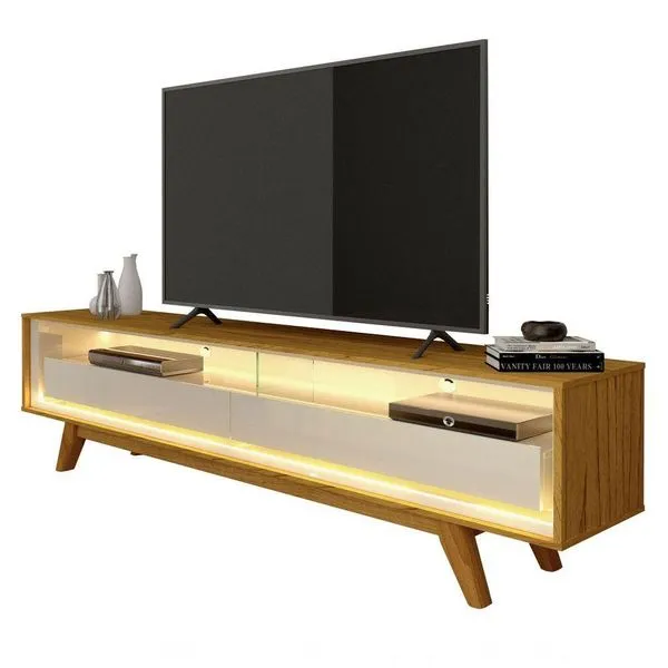 Rack Para Tv 1.7 Retrô Com Led Requinte Naturale Com Off White - Gelius Móveis