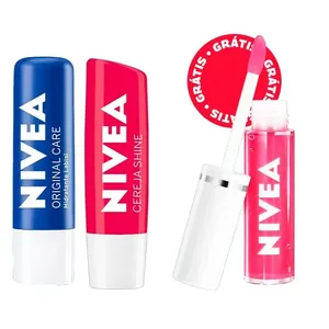 Kit Nivea Hidratante Labial Lip Oil Pink 5,5ml + Hidratante Labial Cereja Shine 4,8g + Hidratante Labial Nivea Original Care 4,8g