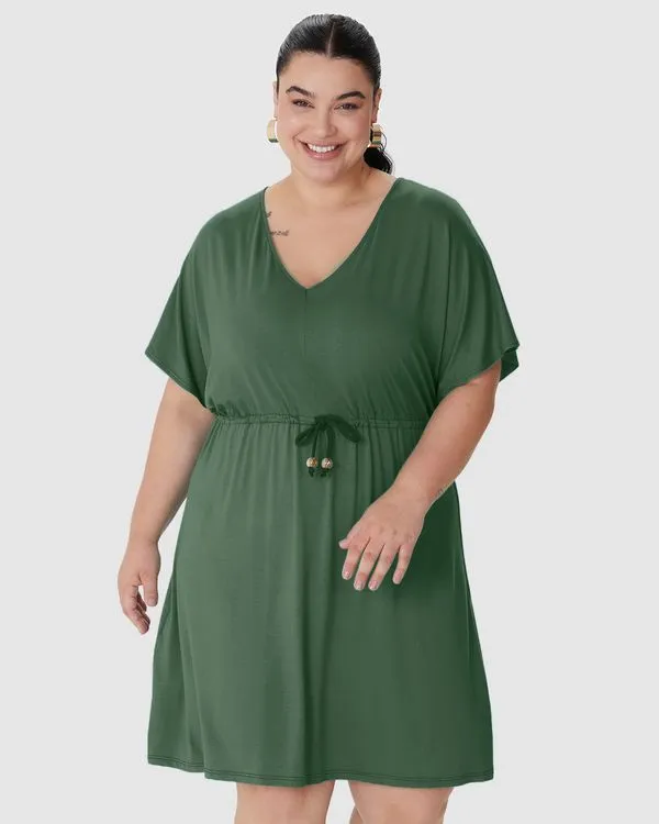 Vestido Feminino Plus Size Cadarço E Amarração Frontal Em Viscose Stretch Verde - G2