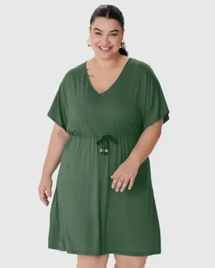 Vestido Feminino Plus Size Cadarço E Amarração Frontal Em Viscose Stretch Verde - G5