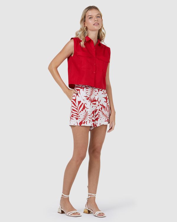 Shorts Feminino Estampado Fecho Abotoamento Em Viscose Vermelho - GG